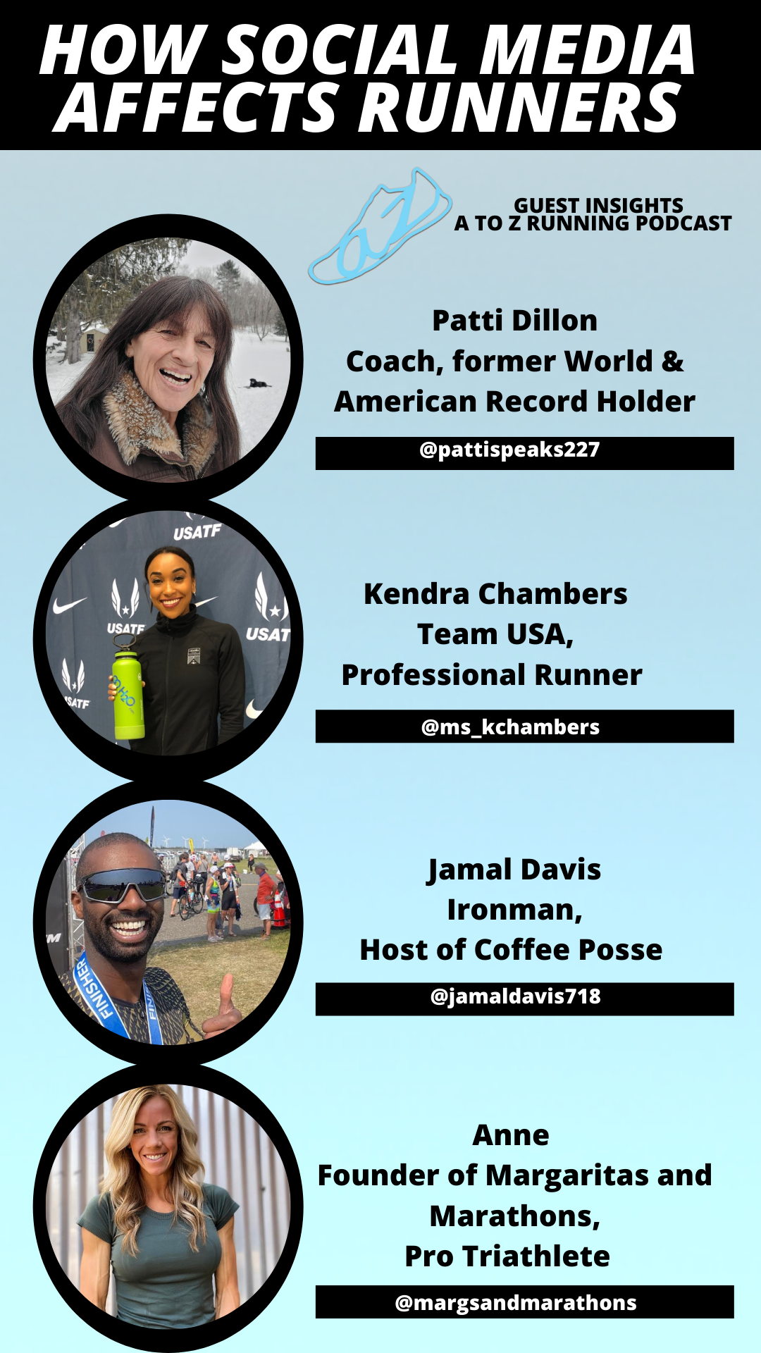 Smiling faces of featured guests on the A to Z Running Podcast. Photos of Patti Dillon, Kendra Chambers, Jamal Davis, and Anne of MargsandMarathons