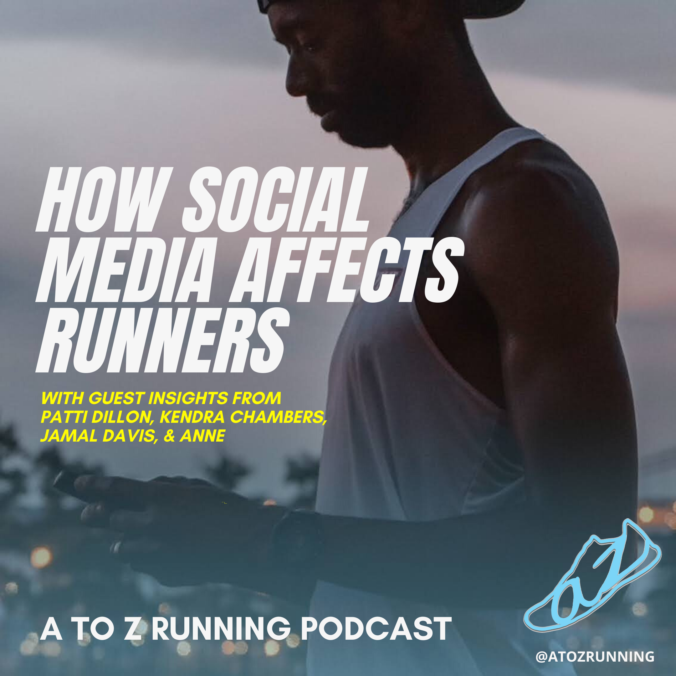 how social media affects runners text with male runner using his phone with a cityscape behind him at night