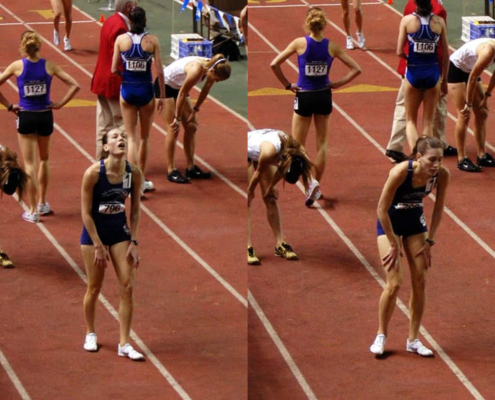 going all out in running- two side by side photos of a collegiate woman at the end of an indoor track race. She is visibly exhausted with her mouth gapping open.