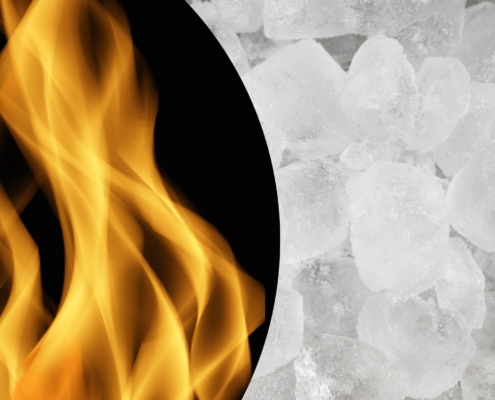 Hot and cold therapy. Photo of a flame on the left and ice cubes on the right